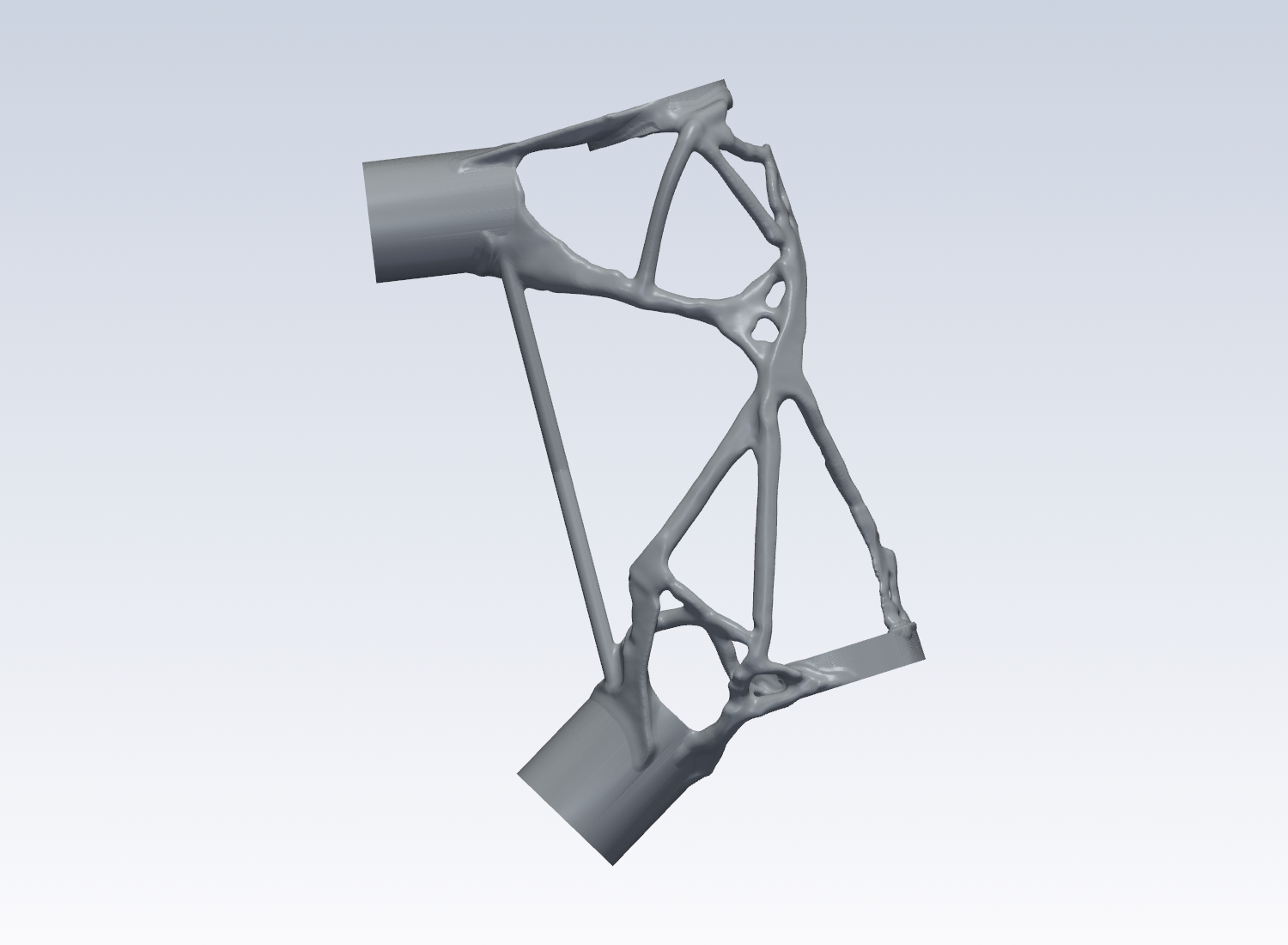 Side view of the final head-lug design, with smooth open struts, precise headset collars, and carbon-tube sockets.
